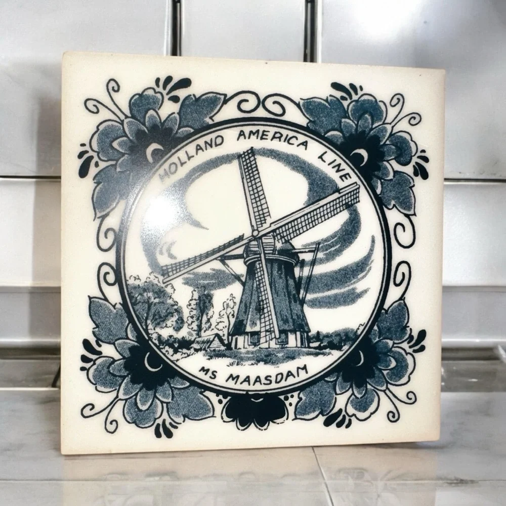 2 Vintage Holland American Line Porcelain Coasters Delft Blue Ms Maasdam